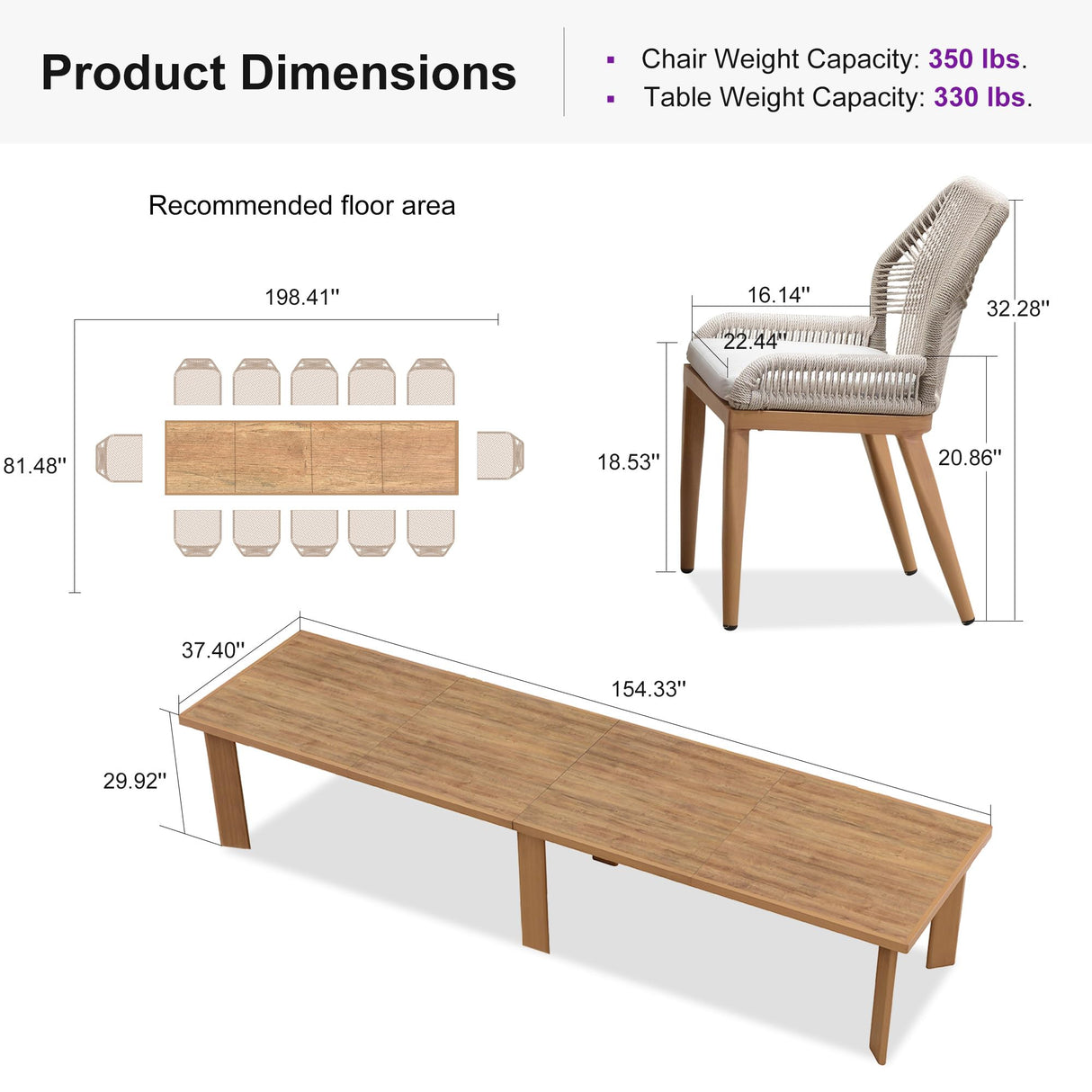 PURPLE LEAF 13 Pieces Patio Dining Set Aluminum Rectangular Table and Wicker Chairs with Cushions for Kitchen Porch Garden Modern Outdoor Furniture Sets, Teak PURPLE LEAF