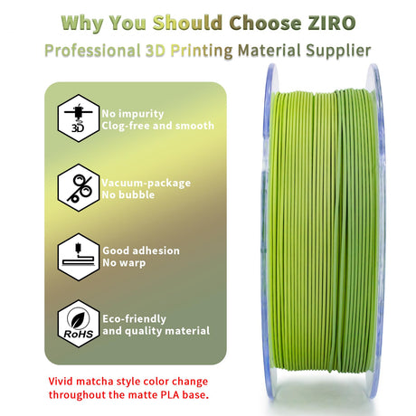 ZIRO 3D Printer Filament, Matte PLA Filament 1.75mm,No-Shine Multicolor Rainbow PLA for 3D Printing, Fit for Most FDM Printers, 1KG/2.2lbs Spool, Matcha ZIRO