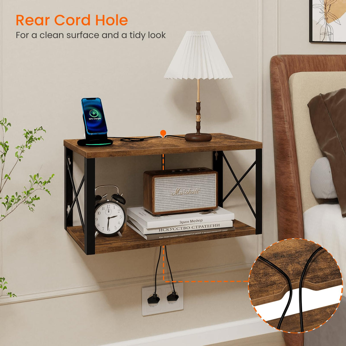 Homode Floating Nightstand, Wood Floating Bedside Table with Cable Hole, 2 Tier Wall Mounted Nightstand, Hanging Night Stand Wall Shelves for Bedroom Living Room Bathroom Kitchen, Rustic Brown Homode