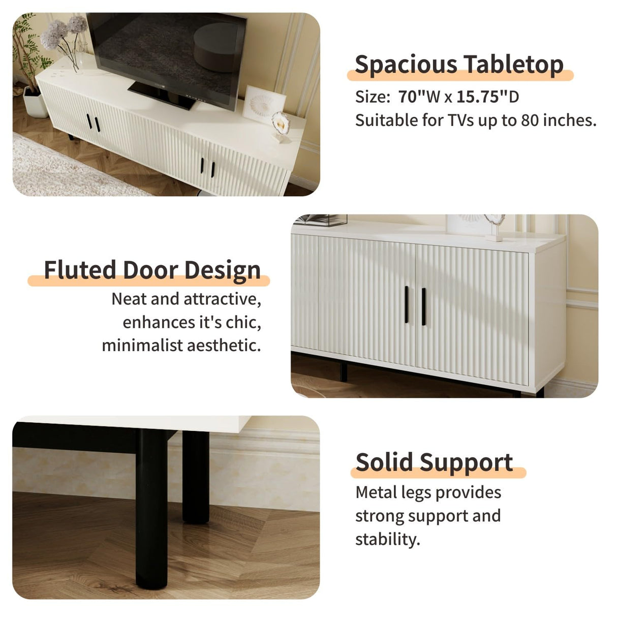 MUUEGM 70" Fluted TV Stand for TVs up to 80 Inches, Entertainment Center with Storage， Adjustable Shelf, Modern TV Console for Living Room and Bedroom, 70" W x 15.75" D x 25" H, White MUUEGM