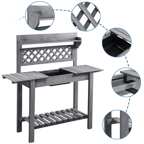 Topeakmart Potting Table Wood Workstation Table w/Sliding Tabletop w/Removable Dry Sink Storage Shelves Outdoor Garden Work Benches Station Planter Bench for Backyard Patio Gray Topeakmart