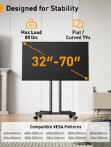 Perlegear Rolling TV Stand, Mobile TV Stand with Wheels for 32-70 inch TVs, Height Adjustable Mobile TV Cart with -15° to +5° Tilt, Rolling TV Cart for 4K TV Max VESA 400x400mm up to 88lbs, PGTVMC14 Perlegear