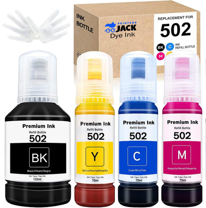 Printers Jack Compatible 502 T502 Refill Ink Bottles Replacement for EcoTank ET-2750 ET-3750 ET-4750 ET-2760 ET-3760 ET-4760 ET-2700 ET-3700 ET-3710 ET-15000 ST-2000 ST-3000 ST-4000 Printer