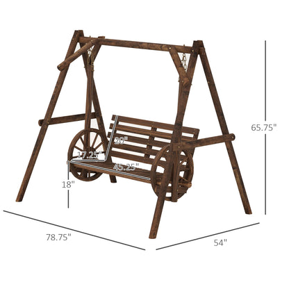 Outsunny 2-Seat Porch Swing with A-Frame Stand, Wooden Log Patio Swing Chair Bench with Wagon Shaped Armrests for Garden, Poolside, Backyard, Carbonized Brown - WoodArtSupply