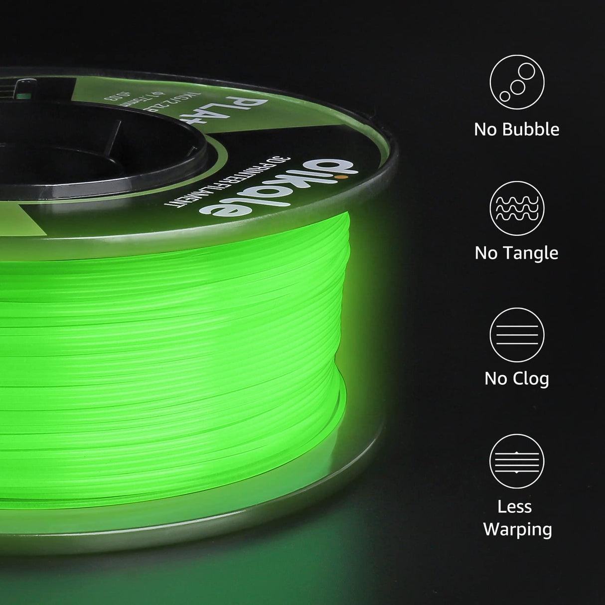 Dikale PLA+ 3D Printer Filament Luminous Green, 1.75mm No Tangle, Net Weight 2.2lbs Spool (1kg）, PLA Pro Plus, Green with Glow in The Dark Effect dikale