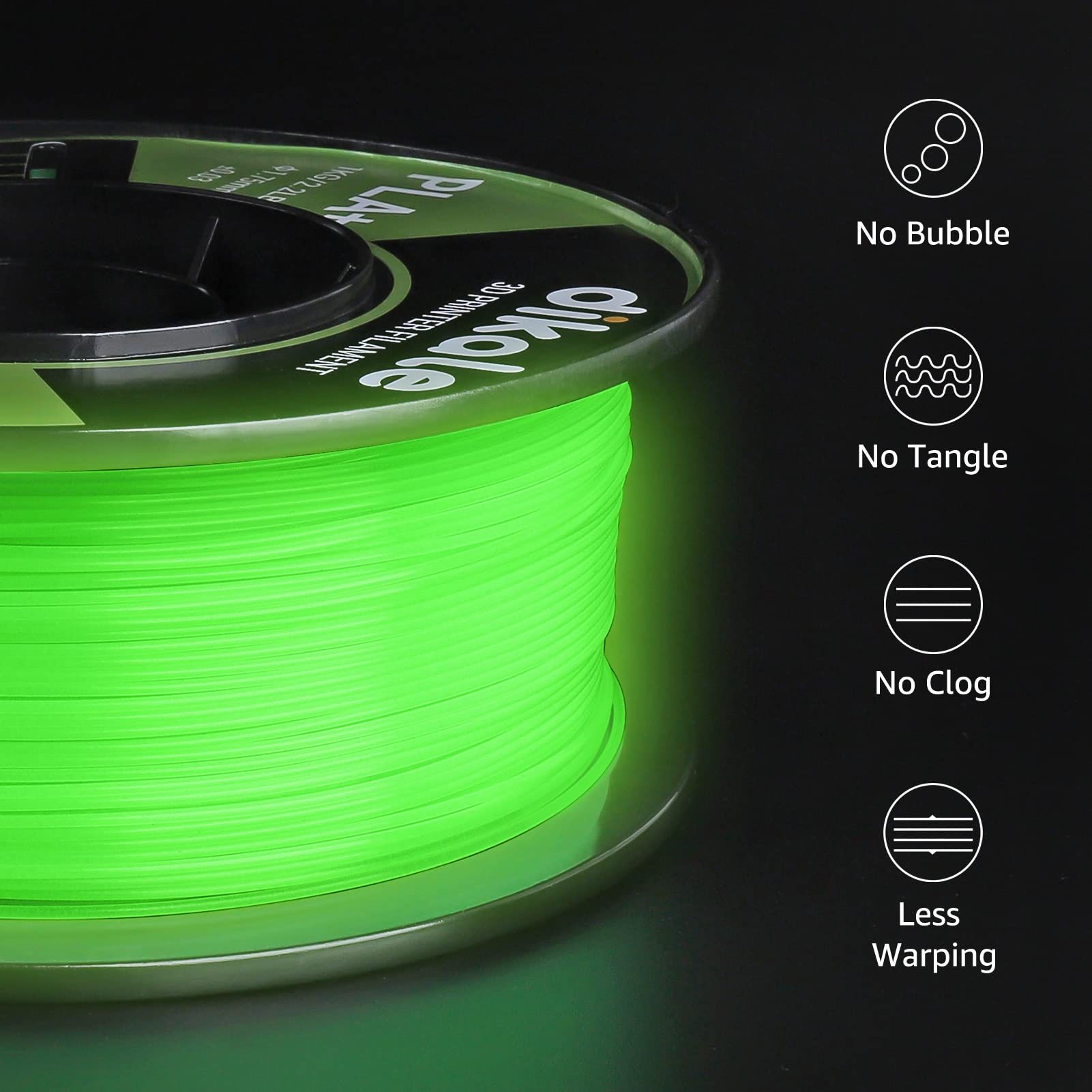 Dikale PLA+ 3D Printer Filament Luminous Green, 1.75mm No Tangle, Net Weight 2.2lbs Spool (1kg）, PLA Pro Plus, Green with Glow in The Dark Effect - WoodArtSupply