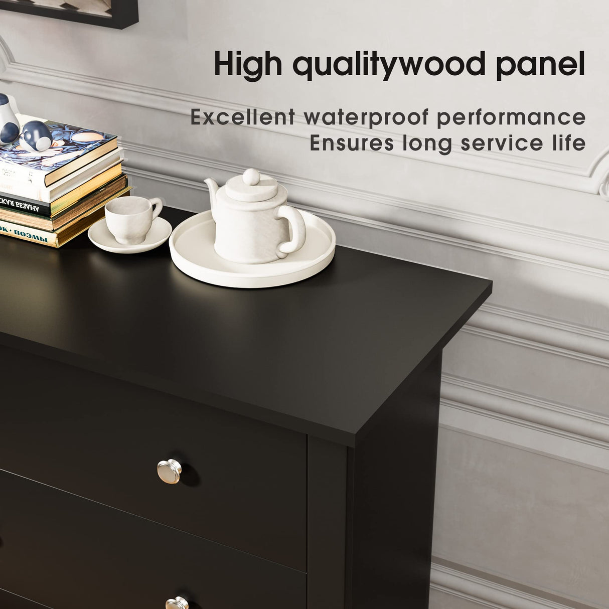 JUMMICO 6 Drawer Double Dresser for Bedroom, Industrial Wood Dresser Modern 6 Chest of Deep Drawers, Wide Storage Organizer Cabinet for Living Room (Black) JUMMICO