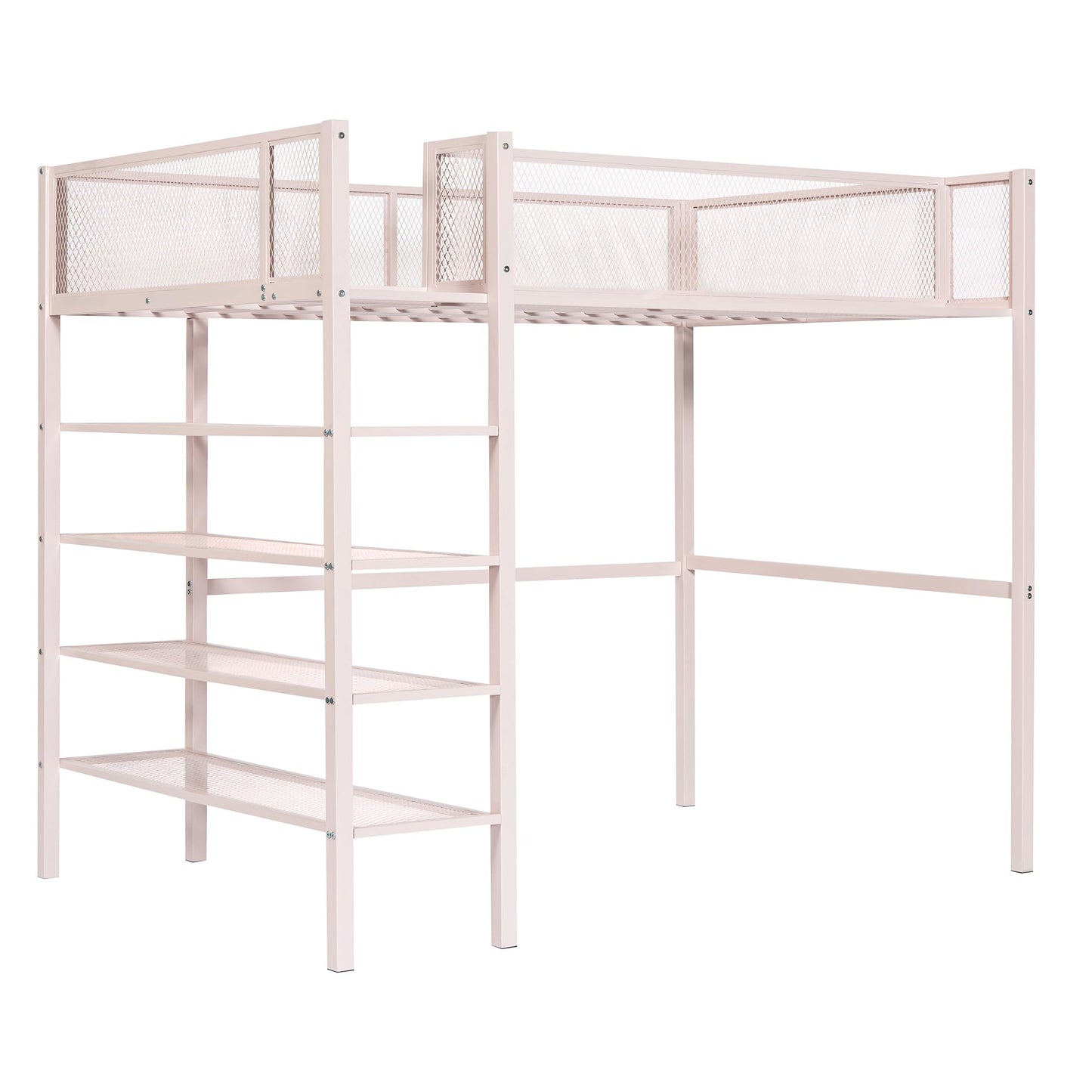 Merax Twin Size Metal Loft Bed with 4-Tier Shelves and Storage, Twin Loft Bed Frame for Dorm, Boys & Girls, Teens, No Box Spring Needed, Pink