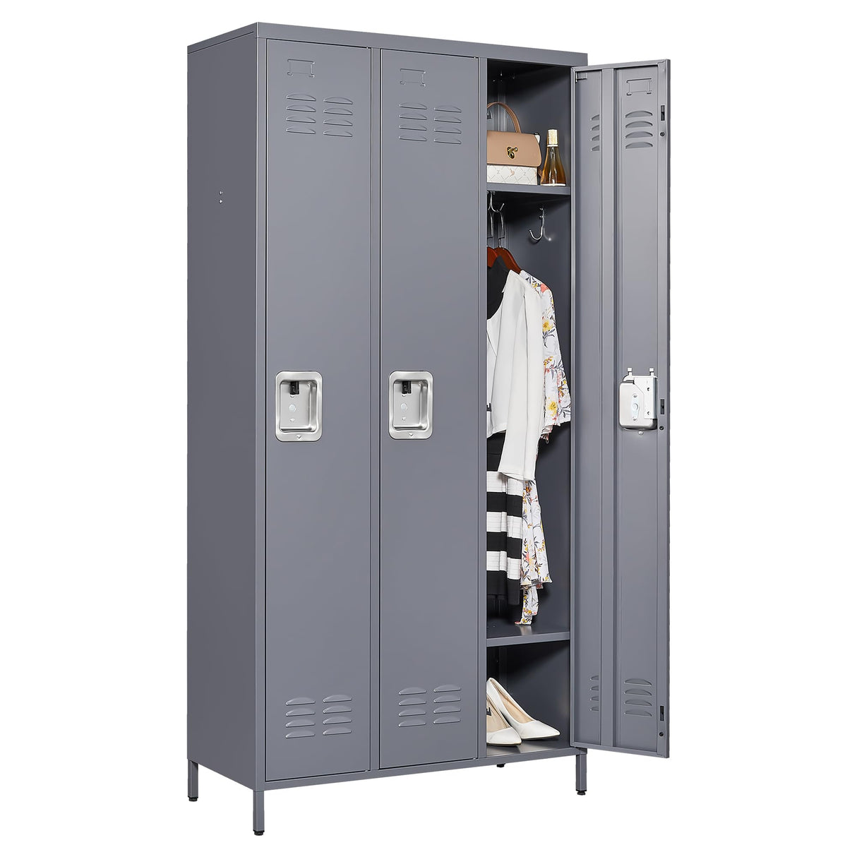 IKIMI Metal Locker 3 Doors Storage Lockers for Employee,72" Tall Locker with Shelves and Hooks Steel Sports Locker for Office School Office Gym Home Garage IKIMI