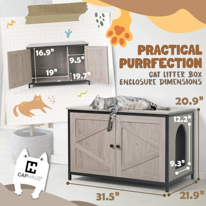 CAPHAUS Cat Litter Box Furniture with Divider, Flip-top Hidden Cat Washroom Enclosure, Wooden Indoor Cat House with Double Doors, Metal Frame Enclosed Cat Boxes, Cabinet for Large Cat, Greige Oak