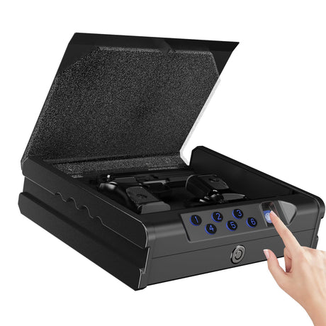 Biometric Handgun Safe with Fingerprint, Digital PIN and Key Access, 2 Gun Capacity,Hand Gun lock box for Car Cloakroom living room Bedroom and Nightstand,USB Power Backup. kawsword