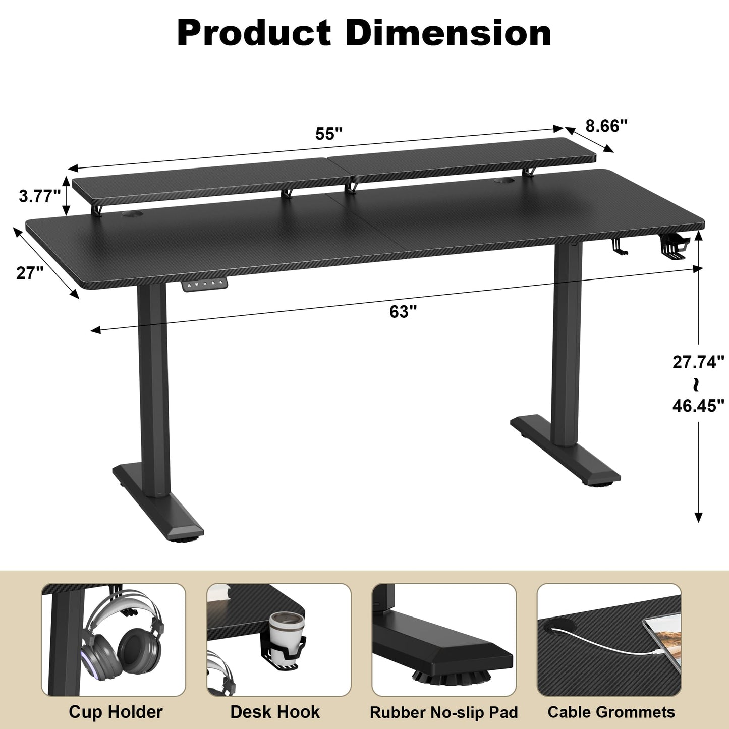 JUMMICO Electric Standing Desk, Adjustable Height Desk 63 x 27 Inch with Monitor Stand, Home Office Computer Desk (Black) - WoodArtSupply