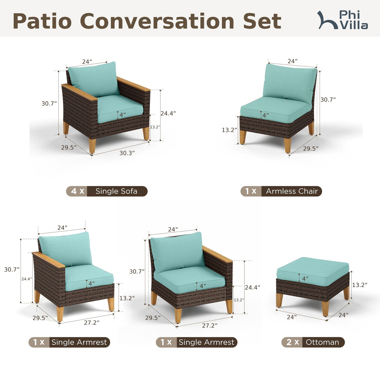 PHI VILLA 9-Piece Outdoor Sectional Porch Furniture Set, Outdoor Wicker Rattan Sofa Patio Set for 9 Seats with Cushions, Blue PHI VILLA