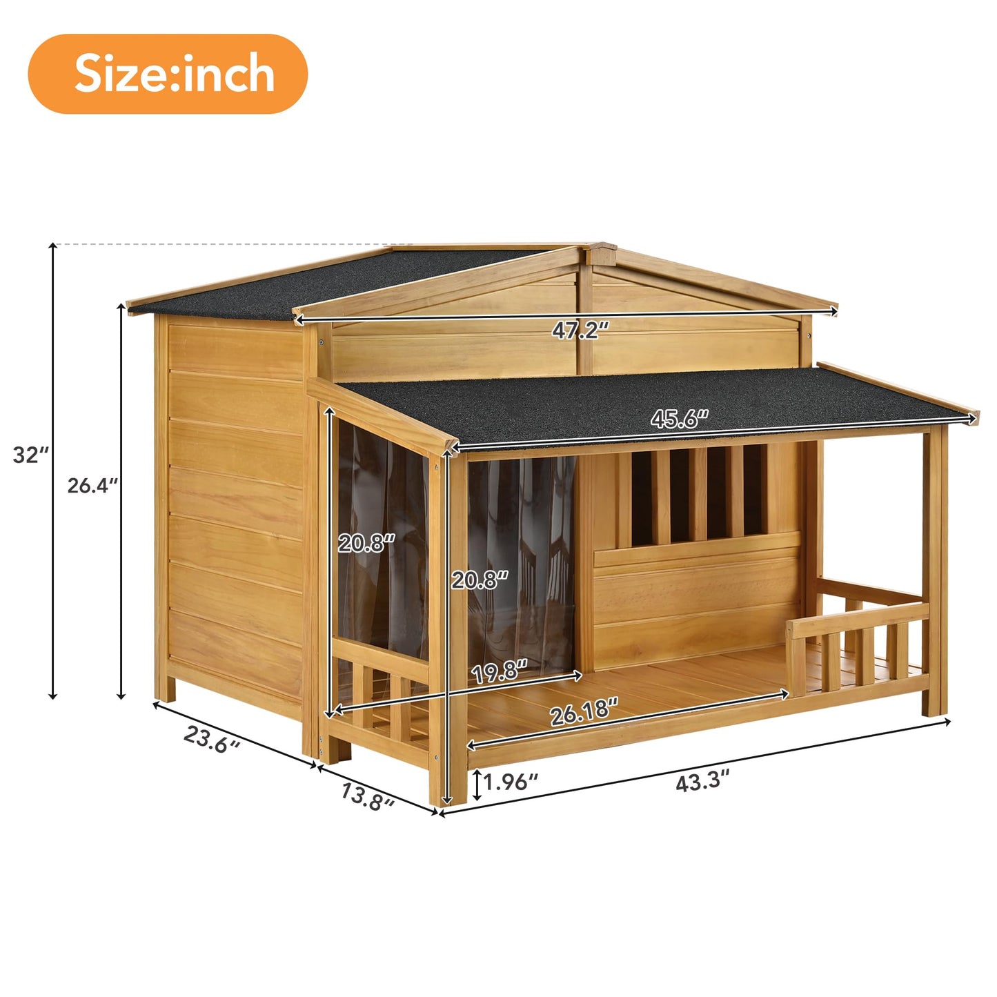 LUSPAZ 47.2 Inch Wooden Dog House, Outdoor and Indoor Dog Crate, Pet Kennel with Porch, Solid Wood, Weatherproof, Medium, Nature