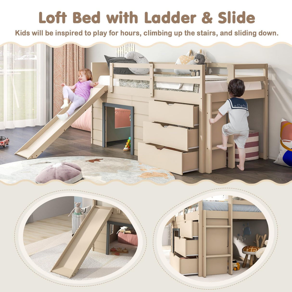 KOMFOTT Twin Low Loft Bed with 3 Storage Drawers & Underneath House, Wood Loft Bed with Slide, Ladder, Guardrails & Under-Bed Play Space, Kids Twin Loft Bed for Girls & Boys, No Box Spring Needed KOMFOTT