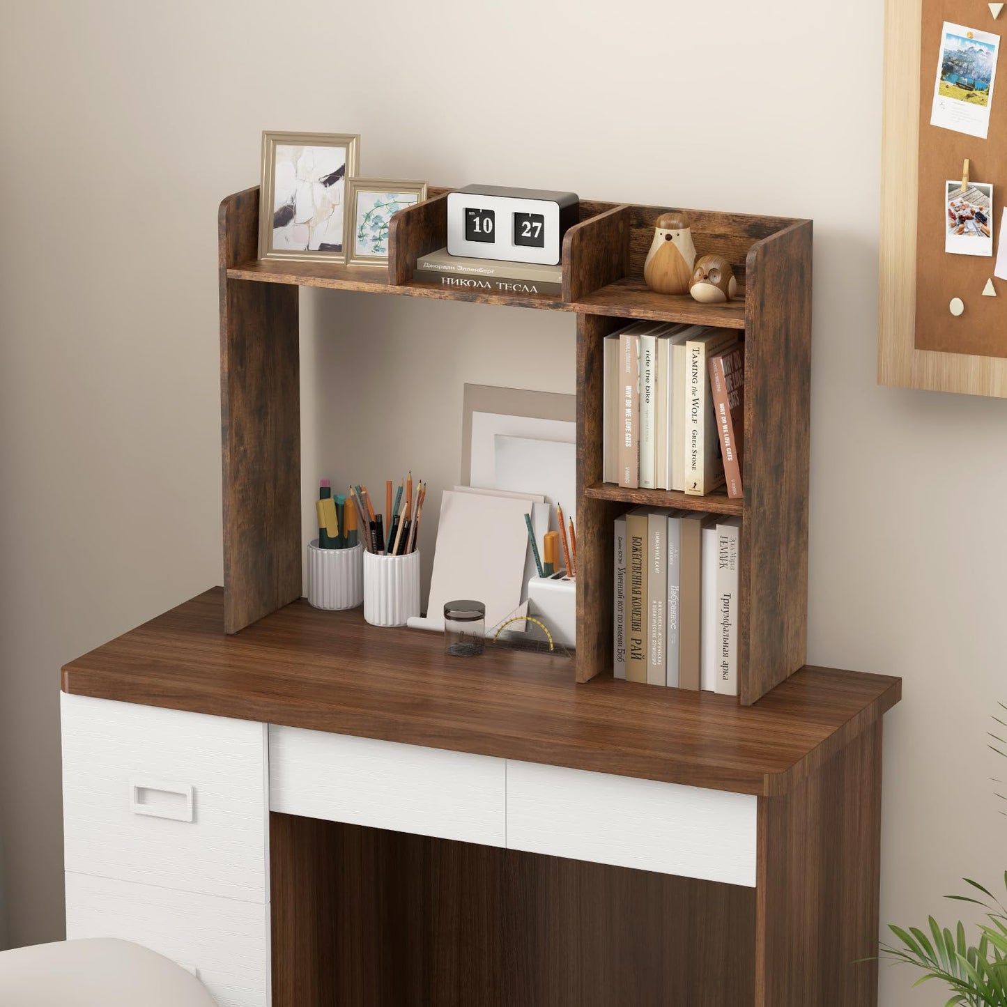 Tangkula Brown Desktop Bookshelf and Storage Hutch with 5 Shelves for Organised Workspaces - WoodArtSupply