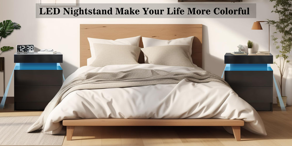 HOMMPA Set of 2 LED Nightstands Black Nightstand with Led Lights Modern Night Stand with 2 High Gloss Drawers Led Bedside Table Smart Nightstand for Bedroom 20.5” Tall HOMMPA