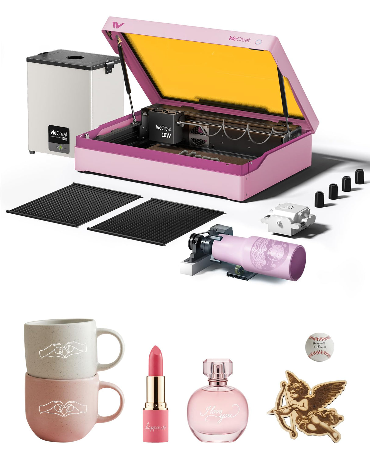 WECREAT Vista 10W Laser Engraver with AirGuard Mini Fume Extractor, Compact Diode Desktop Laser Engraving Machine for Beginners Wood Metal Tumblers Jewelry Gifts Making (Taffy Pink) WECREAT