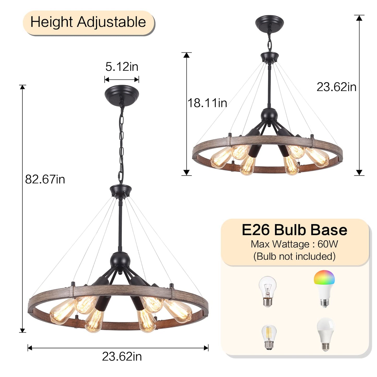 WTYUIO 6 Lights Farmhouse Round Wagon Wheel Chandeliers for Dining Room Diam 23.62'', Rustic Metal Hanging Pendant Light Fixture for Living Room Entryway Kitchen Island, Vintage Wood Grain Finishe