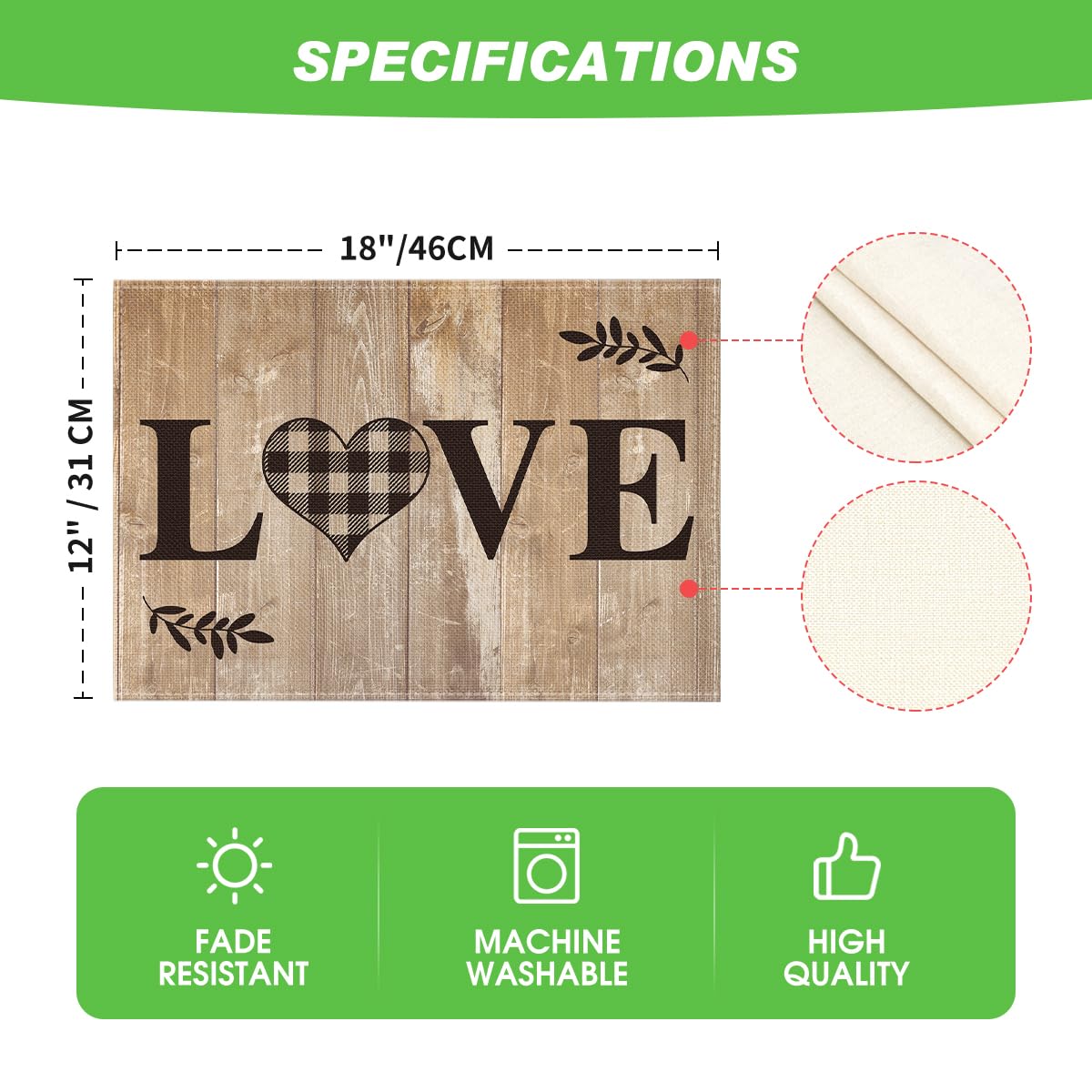 Artoid Mode Wood Love Family Home Together Buffalo Plaid Placemats Set of 4, 12x18 Inch Farmhouse Table Mats Party Kitchen Dining Decoration Artoid Mode