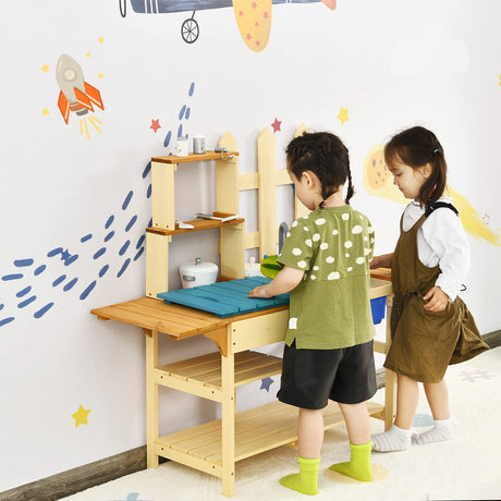 Costzon Wooden Kids Kitchen Playset, Indoor Outdoor Pretend Mud Kitchen Set for Toddler, Play Kitchen Toy w/Simulated Faucet, Shelves, Removable Board, Toy Kitchen Set for Girls & Boys Age 3+ Costzon