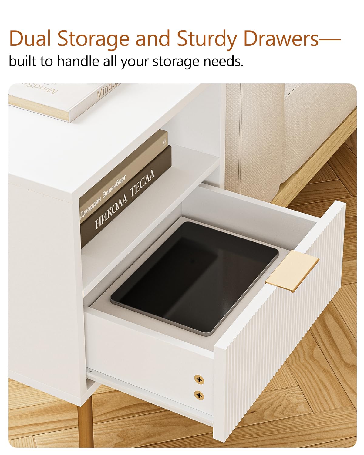 Masupu Nightstand,Mid-Century Modern Bedside Table with Storage Drawer and Open Wood Shelf,Small Gold Frame Side Table for Bedroom,Living Room,White Masupu