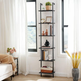 HOOBRO DIY Ladder Shelf, 6-Tier Wooden Wall Mounted Bookshelf, Narrow Bookcase, Display Shelf, Storage Rack, Plant Stand, for Living Room, Bedroom, Study, Balcony, Black BB651CJ01 HOOBRO