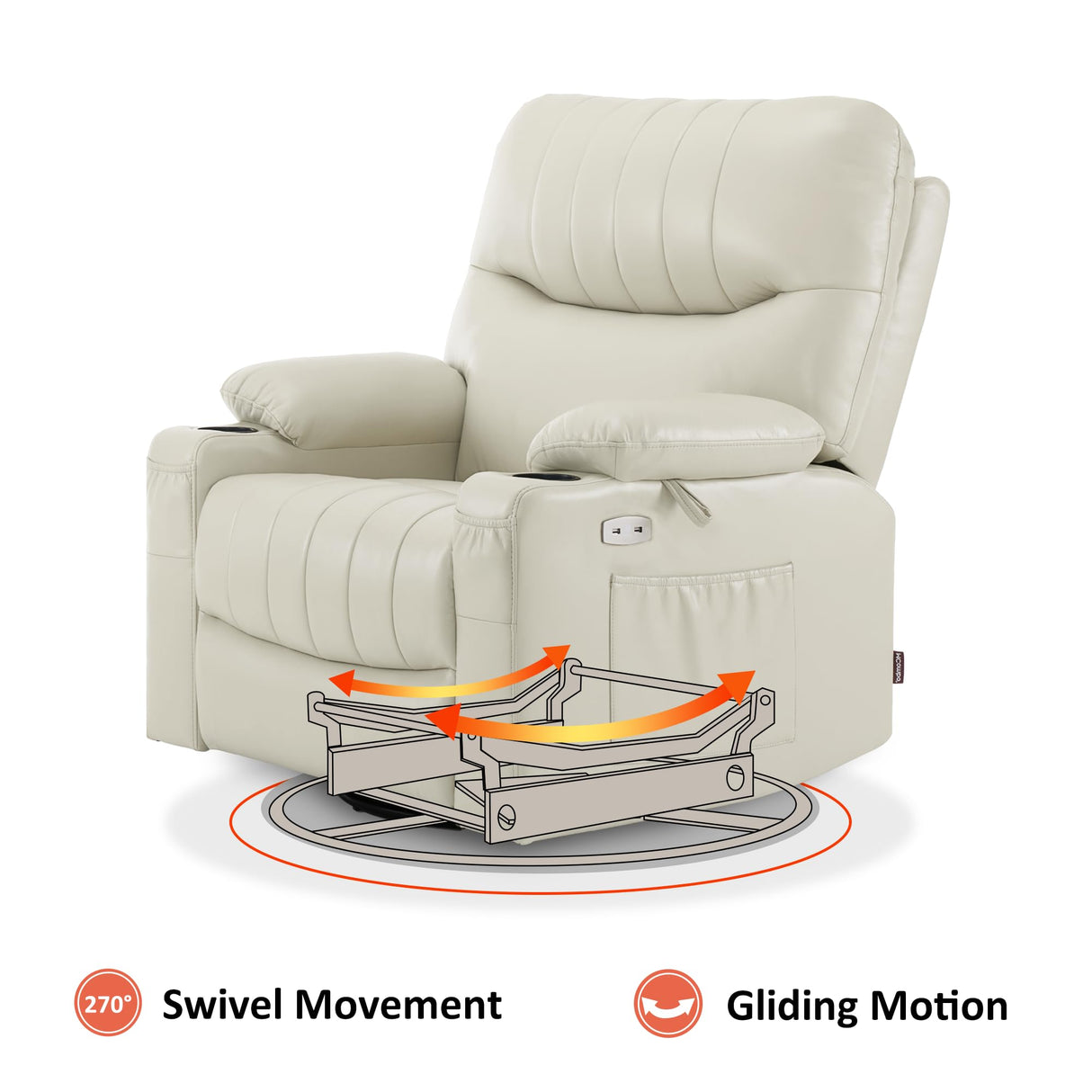 MCombo Oversized Swivel Glider Rocker Power Recliner Chair for Living Room with Heat and Vibration Massage, USB Ports, Cup Holders and Pockets, Faux Leather 7785 (Milk White) MCombo