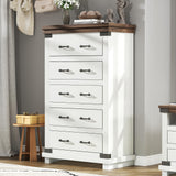 AMERLIFE Farmhouse 5 Drawers Dresser Chests for Bedroom, 48" Tall Wood Rustic Chest of Drawers/w Thick Plank Styling, Heavy Duty Closet Storage Dresser Organizer, Living Room, Hallway, Antique White AMERLIFE