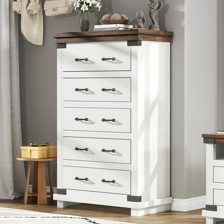 AMERLIFE Farmhouse 5 Drawers Dresser Chests for Bedroom, 48" Tall Wood Rustic Chest of Drawers/w Thick Plank Styling, Heavy Duty Closet Storage Dresser Organizer, Living Room, Hallway, Antique White AMERLIFE