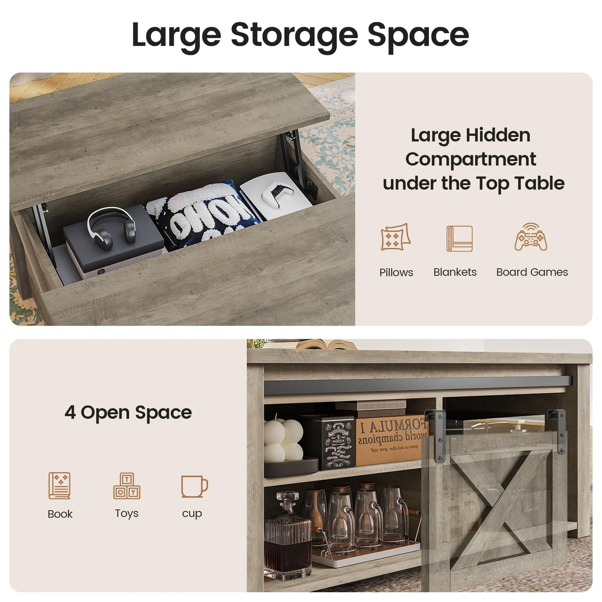 SEDETA 31.5" Lift Top Coffee Table with Storage, Square Coffee Table for Living Room, Farmhouse Coffee Table with Large Hidden Storage Compartment and Adjustable Shelves, Grey SEDETA