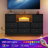 LYNCOHOME Black Dresser with Power Outlets and LED Lights, Dresser TV Stand with 8 Drawers, Fabric Chest of Drawers for Bedroom, Living Room, Entryway LYNCOHOME