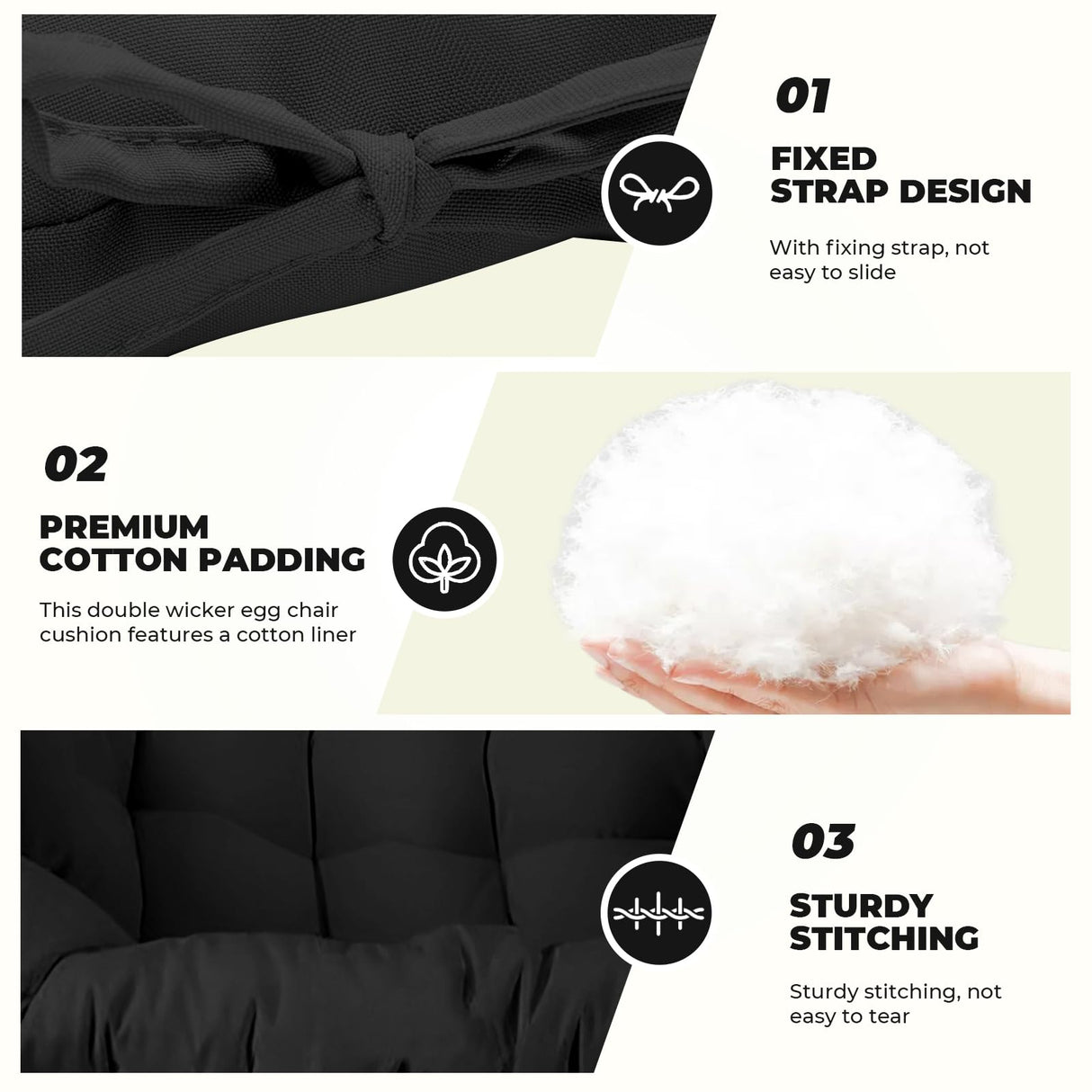 DANGHOOGY Outdoor Double Egg Chair Cushions, Waterproof Wicker Egg Chair Replacement Cushion, Thickened Hanging Chair Cushion, 65x47x7 Inches (Black) DANGHOOGY