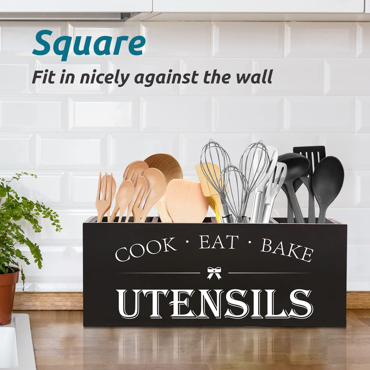 Suli Extra Large Kitchen Utensils Holder with 4 Compartments, Wooden Utensil Organizer for Kitchen Countertop, Farmhouse Kitchen Decor, Rustic Cooking Utensil - Black Suli