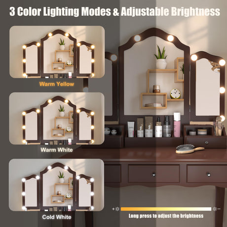 NEDYO Vanity Table, Vintage Vanity Desk with Mirror and Lights, Tri-Fold Mirror Small Makeup Vanity with Chair, Vanity Set for Bedroom and Small Spaces. Terracotta NEDYO