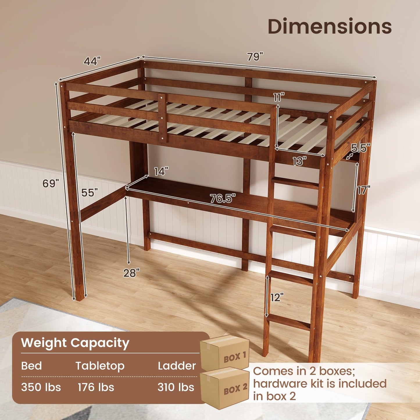 Giantex Walnut Twin Loft Bed with Integrated Desk and Bookshelf for Kids - WoodArtSupply