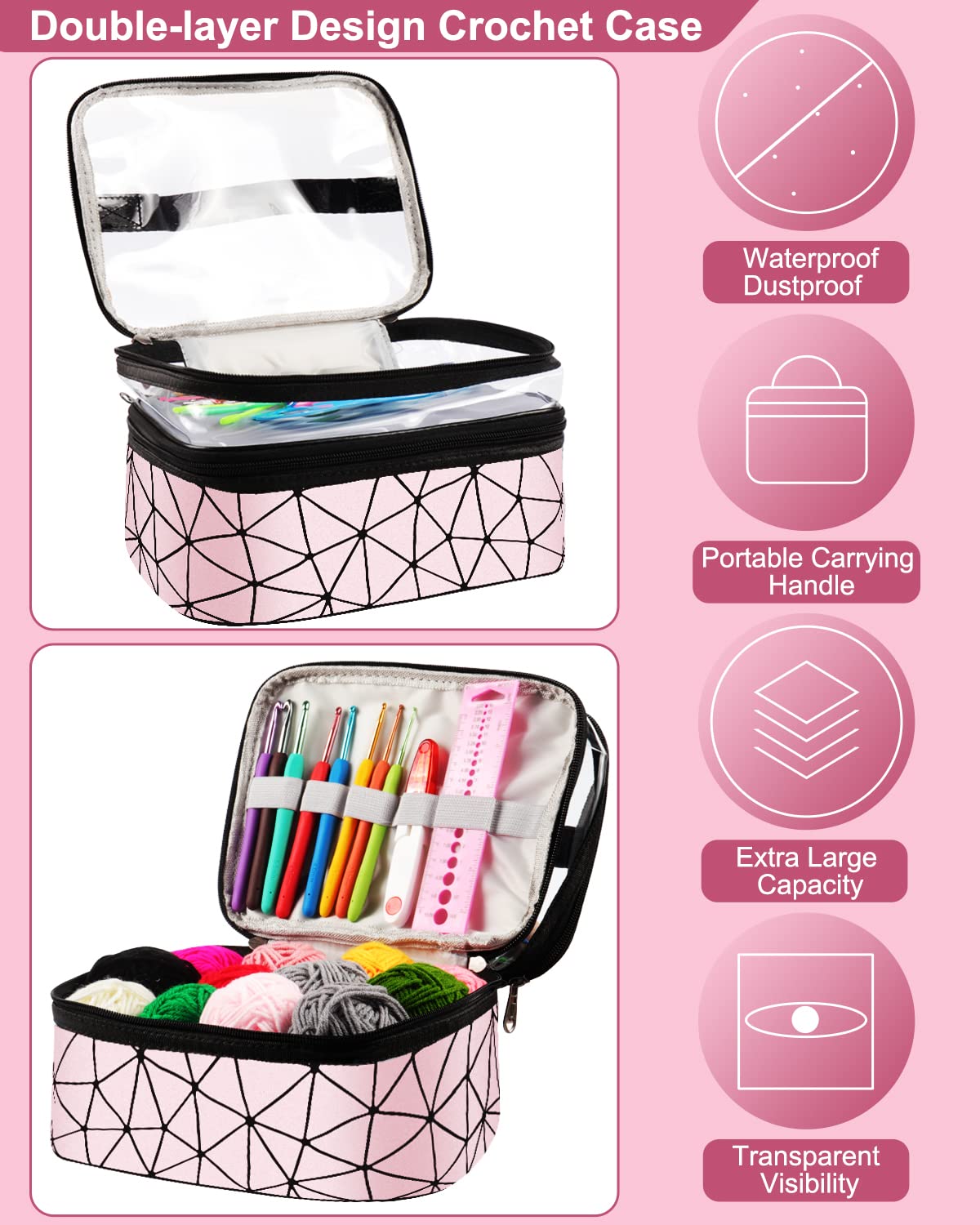 Coopay Crochet Kit for Beginners, 71PCS Crochet Starter Kit with 16 Colors Crochet Yarn & Instructions, Double-Layer Crochet Set Beginner Crochet Kit for Kids/Adults, Professional Starter Pack, Pink Coopay