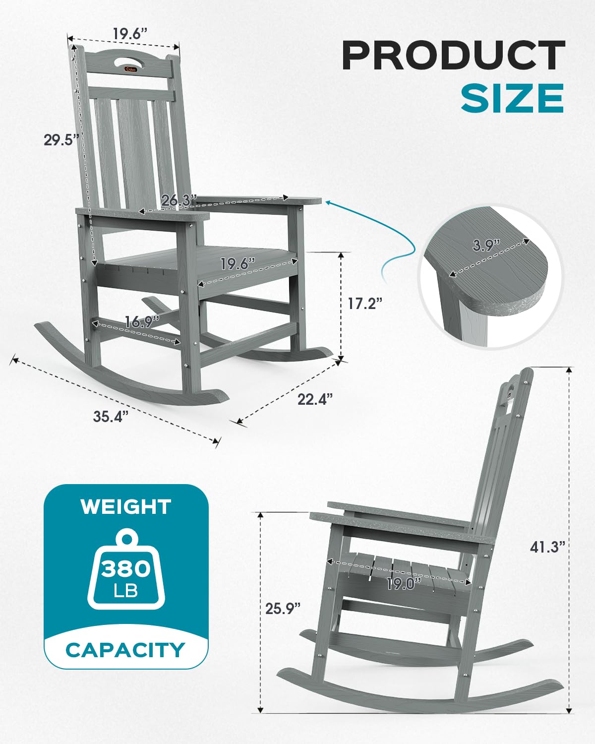 Oversized Rocking Chair Outdoor, HDPE Poly Rocking Chair, All Weather Porch Rocker for Deck Patio Balcony, 380lbs, Grey Ciokea