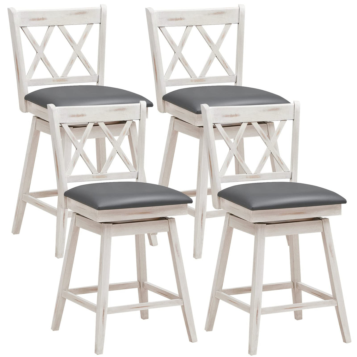 COSTWAY Bar Stool Set of 4, 360 ° Swivel Counter Height 25inch Bar Stool with Foot Rest Upholstered Cushion & Ergonomic Backrest, Sturdy Frame, for Pub, Restaurant, Home (4, Antique White + Grey) COSTWAY