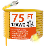 HUANCHAIN 12/3 Gauge Heavy Duty Outdoor Extension Cord 75 ft Waterproof with Lighted end, Flexible Cold-Resistant 3 Prong Electric Cord Outside, 15Amp 1875W 12AWG SJTW, Yellow, ETL huanchain