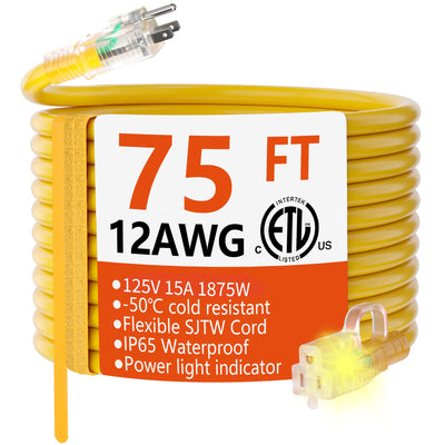 HUANCHAIN 12/3 Gauge Heavy Duty Outdoor Extension Cord 75 ft Waterproof with Lighted end, Flexible Cold-Resistant 3 Prong Electric Cord Outside, 15Amp 1875W 12AWG SJTW, Yellow, ETL