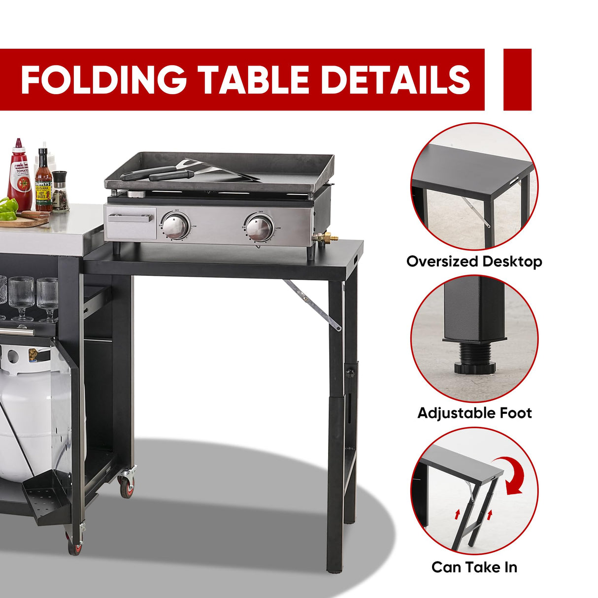 Grill Table,Outdoor Kitchen with Cabinet Outdoor Grill Table with 2 Foldable Side Tables Stainless Steel Top for Outdoor Kitchen Cabinets, Bar Cart, Movable Grill Cart with Pull-Out Plate, L74”x W24” Feasto