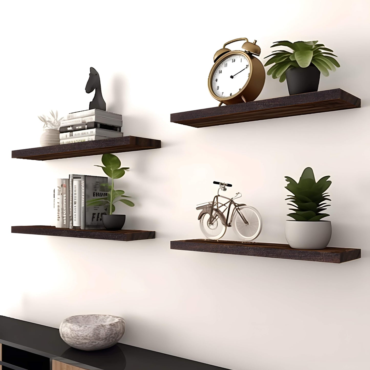 PHPH Wood Floating Shelves for Wall, Wooden Wall Shelves for Bedroom, Set of 6 Brown 17 Inch