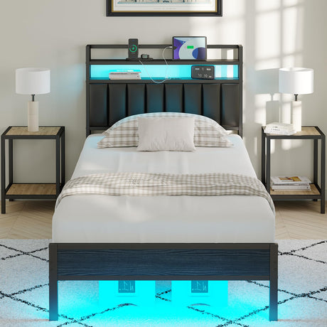 CollaredEagle Twin Size Bed Frame with Headboard, Metal Bed Frame with Charging Station and LED Lights, Heavy Duty Bed with Storage Shelves,Noise Free,No Box Spring,Black CollaredEagle