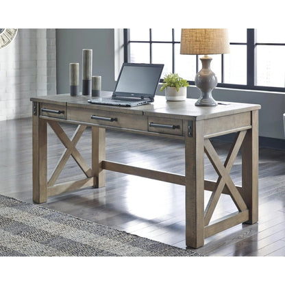 Signature Design by Ashley Aldwin Rustic Farmhouse 60" Home Office Lift Top Desk with Charging Ports, Distressed Gray - WoodArtSupply