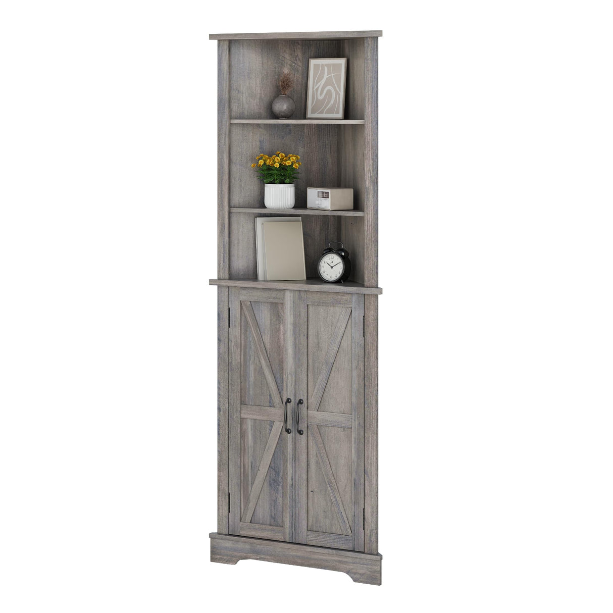 Smuxee Tall Corner Storage Cabinet, Farmhouse Corner Cabinet with Barn Door and Adjustable Shelf, Wash Grey Freestanding Cabinet Organizer for Bathroom, Kitchen, Living Room Smuxee