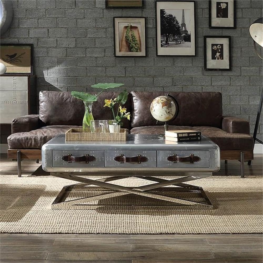 Acme Silchester Leather Sofa in Oak and Distress Chocolate Acme