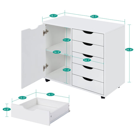 5-Drawer Dresser with 2-Shelf Cabinet, White, Smart Storage, Streamlined with Adjustable Dividers, Lockable Casters & Smooth Slides; Multi-Use Rolling Storage for Office, Craft Room, Bedroom Naomi Home