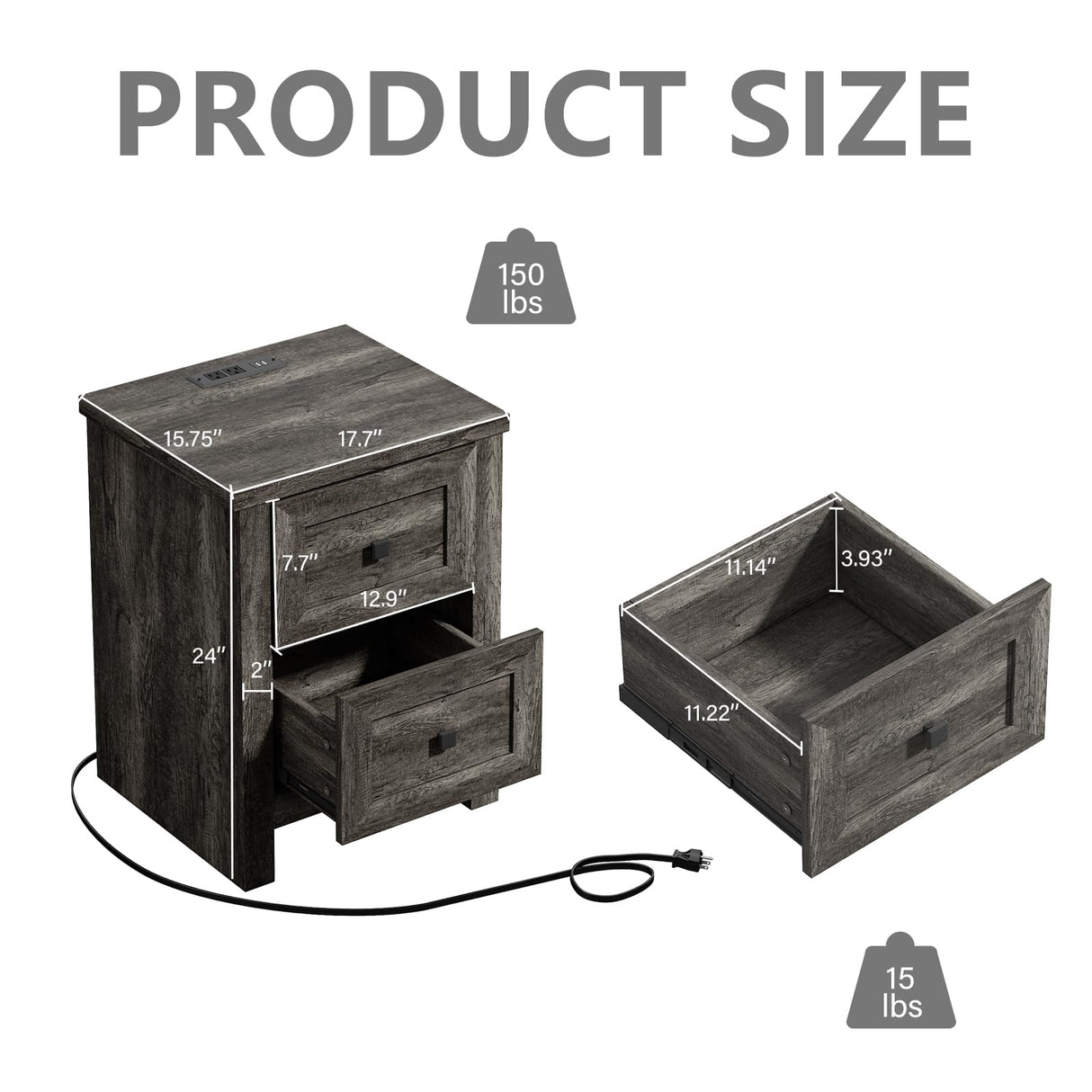 LUXOAK Nightstand Set of 2 with Charging Station, Farmhouse End Table with 2 Drawers Storage Cabinet, Rustic Wood Sofa Side Table for Bedroom, Living Room, Office, Grey LUXOAK