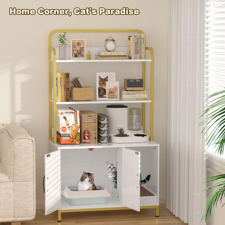 Easycom Cat Litter Box Enclosure Furniture with Shelves, Indoor Litter Box Furniture, Hidden Litter Box with Storage, Wooden Cat House with Cat Scratching Pad, Fit Most Cat Litter Box EasyCom